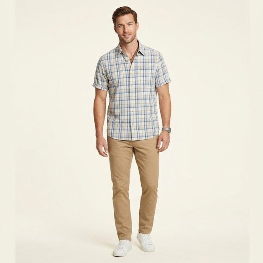 Eddie Bauer Breezeway Shirt Mens L NWT Plaid White Blue Short Sleeve Button Down